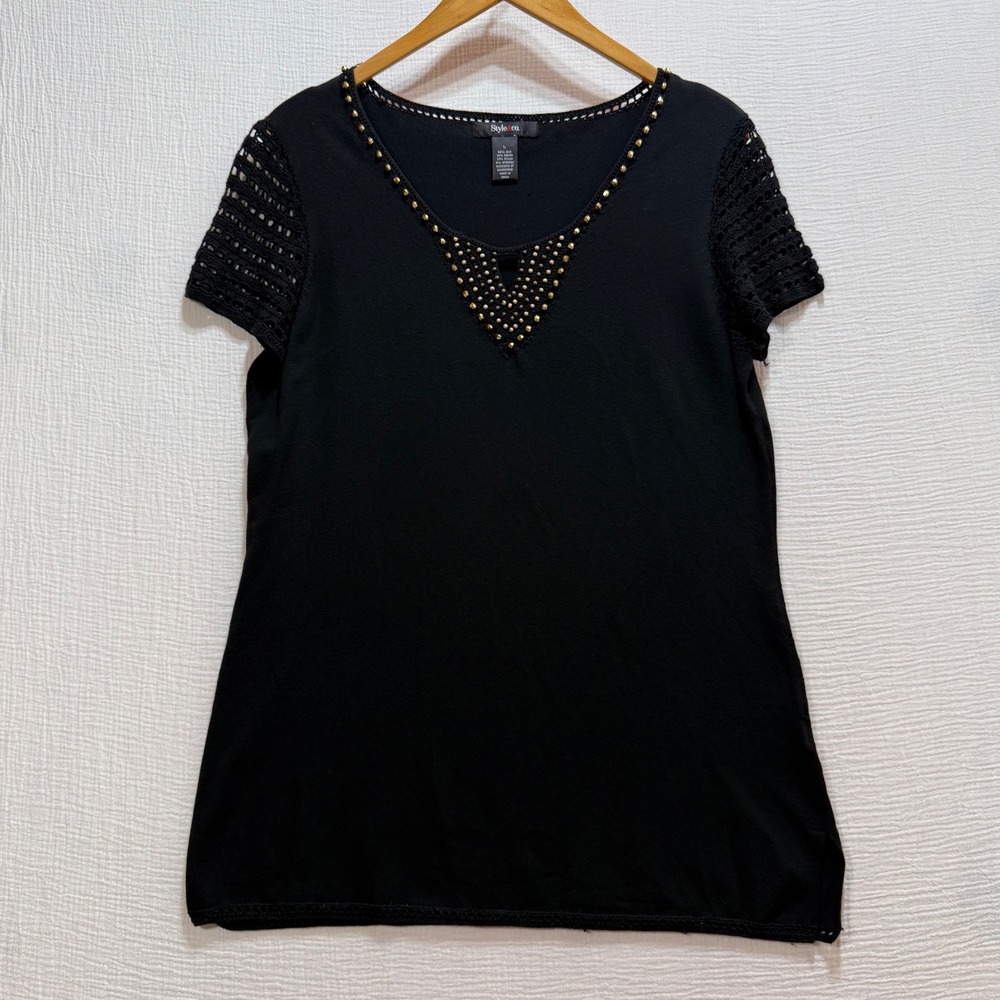 Style & Co Knit Top Womens L Black Silk Blend Embellished V-Neck Crochet Sleeves